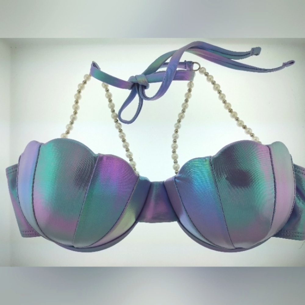 NWOT Mermaid Bikini Halter Top Purple Iridescent Size Small With Faux Pearls